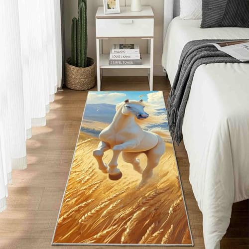 Dppyuxa Küchenläufer Malerei Pferd Waschbar und rutschfest Landschaft Weizenfeld Teppich Läufer für Küche und Flur Natur Galoppierendes Pferd Küchenteppich Maschinenwaschbar 60x120 cm von Dppyuxa