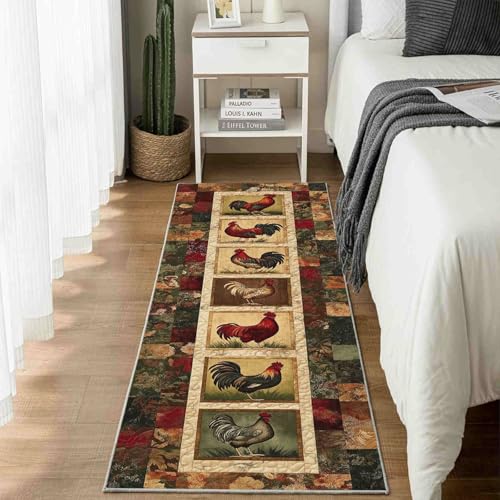 Dppyuxa Küchenläufer Patchwork Hahn Waschbar und rutschfest Landhausstil Huhn Teppich Läufer für Küche und Flur Geblümt Blumen Küchenteppich Maschinenwaschbar Schmutzabweisend 60x120 cm von Dppyuxa