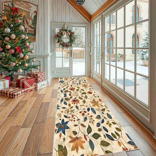Dppyuxa Küchenläufer Rustikaler Blume Waschbar und rutschfest Landhausstil Blatt Teppich Läufer für Küche und Flur Vintage Laub Küchenteppich Maschinenwaschbar Schmutzabweisend 60x120 cm von Dppyuxa