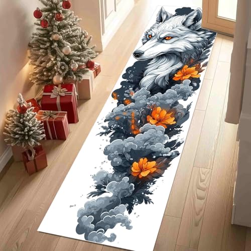 Dppyuxa Küchenläufer Tätowierung Wolf Waschbar und rutschfest Handgezeichnet Blume Teppich Läufer für Küche und Flur Malerei Rauch Küchenteppich Maschinenwaschbar Schmutzabweisend 60x120 cm von Dppyuxa