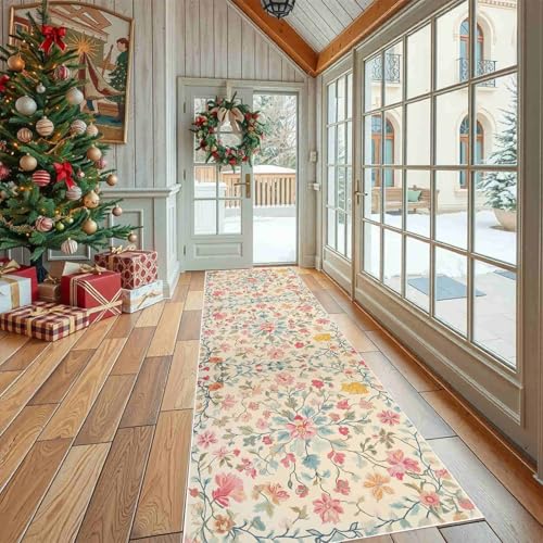 Dppyuxa Küchenläufer Vintage Geblümt Waschbar und rutschfest Rustikal Blumen Teppich Läufer für Küche und Flur Landhausstil Botanisch Küchenteppich Maschinenwaschbar Schmutzabweisend 80x300 cm von Dppyuxa