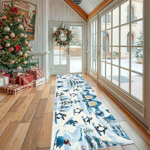 Dppyuxa Küchenläufer Winter Pinguin Waschbar und rutschfest Sport Snowboard Teppich Läufer für Küche und Flur Schnee Tanne Küchenteppich Maschinenwaschbar Schmutzabweisend 80x300 cm von Dppyuxa