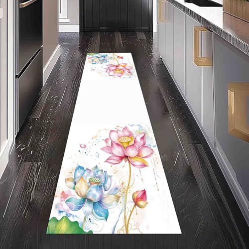 Dppyuxa Küchenteppich Aquarell Lotusblume Waschbar rutschfest, Läufer Teppich für Küche und Flur Bunt Blüte Langer Flurteppich Orientalisch Tuschmalerei auch als Bettvorleger 60x210 cm von Dppyuxa