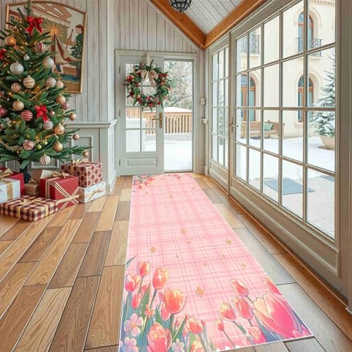 Dppyuxa Küchenteppich Frühling Tulpe Waschbar rutschfest, Läufer Teppich für Küche und Flur Kariert Blume Langer Flurteppich Niedlich Stern auch als Bettvorleger 60x210 cm von Dppyuxa