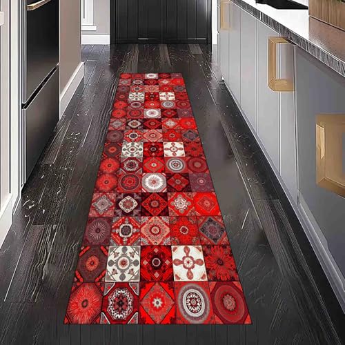 Dppyuxa Küchenteppich Marokkanisch Fliesen Waschbar rutschfest, Läufer Teppich für Küche und Flur Rot Weiß Geometrie Langer Flurteppich Boho Mosaik auch als Bettvorleger 60x210 cm von Dppyuxa