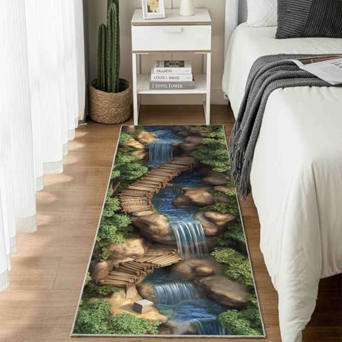 Dppyuxa Küchenteppich Natur Landschaft Wasserfall Waschbar rutschfest, Läufer Teppich für Küche und Flur Waldlandschaft Fluss Langer Flurteppich Waldtiere Baum auch als Bettvorleger 60x210 cm von Dppyuxa