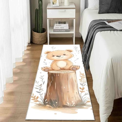 Dppyuxa Küchenteppich Niedlich Bär Waschbar rutschfest, Läufer Teppich für Küche und Flur Waldtiere Holz Langer Flurteppich Cartoon Baumstumpf auch als Bettvorleger 60x210 cm von Dppyuxa