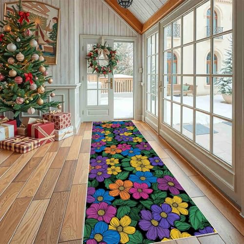 Dppyuxa Küchenteppich Pop Art Blumen Waschbar rutschfest, Läufer Teppich für Küche und Flur Blumenpflanzen Bunt Langer Flurteppich Natur Botanisch auch als Bettvorleger 60x210 cm von Dppyuxa