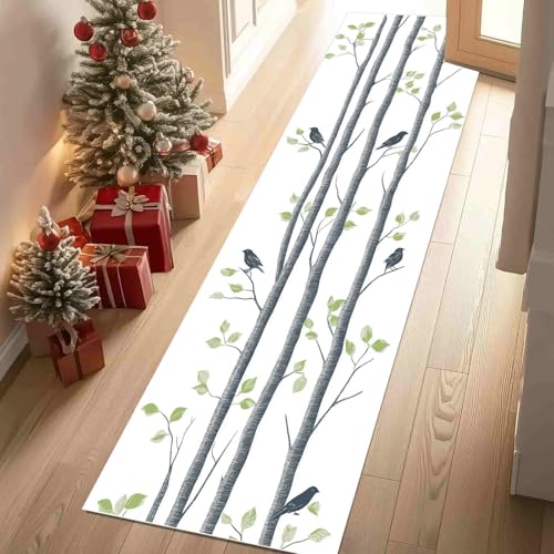 Dppyuxa Küchenteppich Waldlandschaft Baum Waschbar rutschfest, Läufer Teppich für Küche und Flur Pastoral Vögel Langer Flurteppich Natur Filialen auch als Bettvorleger 60x210 cm von Dppyuxa