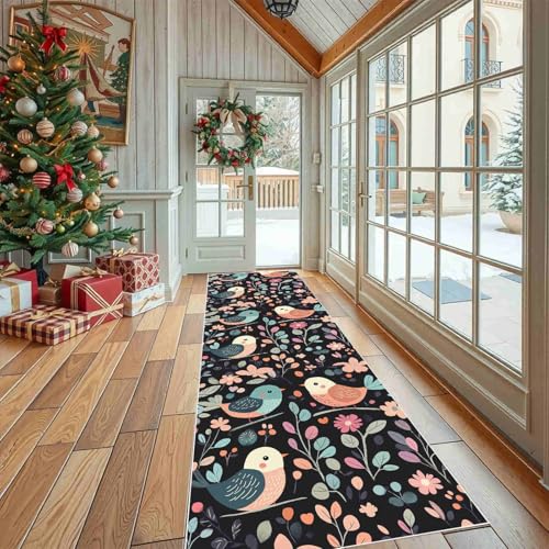 Dppyuxa Läufer Teppich Cartoon Tiere Vögel Küche & Flur, Rutschfester und Waschbarer Küchenläufer Niedlich Blumen Dekoration Flurteppich Lang Waldtiere Filialen Küchenteppich 60x240 cm von Dppyuxa