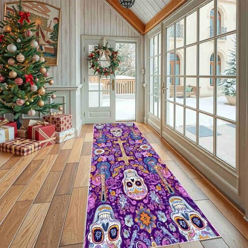 Dppyuxa Läufer Teppich Feiertag Schädel Küche & Flur, Rutschfester und Waschbarer Küchenläufer Musik Gitarre Dekoration Flurteppich Lang Halloween Kreuz Küchenteppich 60x240 cm von Dppyuxa
