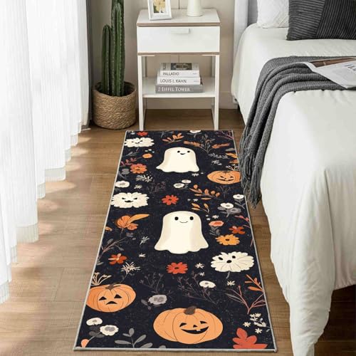Dppyuxa Läufer Teppich Halloween Geist Küche & Flur, Rutschfester und Waschbarer Küchenläufer Feiertag Kürbis Dekoration Flurteppich Lang Cartoon Blätter Küchenteppich 60x240 cm von Dppyuxa