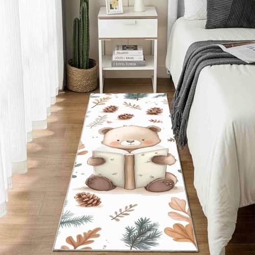 Dppyuxa Läufer Teppich Herbst Bär Küche & Flur, Rutschfester und Waschbarer Küchenläufer Waldtiere Buch Dekoration Flurteppich Lang Cartoon Blätter Küchenteppich 60x240 cm von Dppyuxa