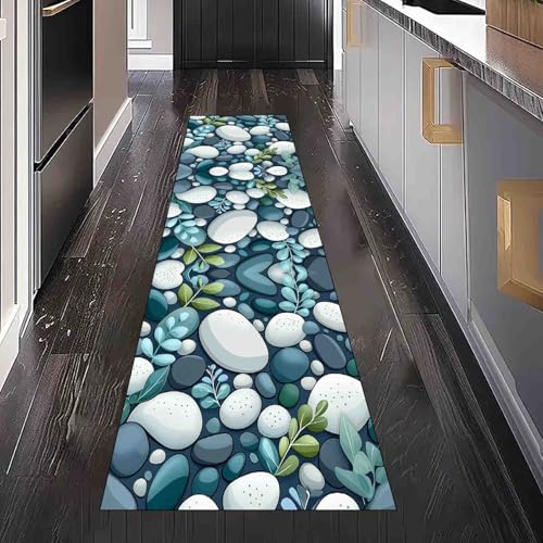 Dppyuxa Läufer Teppich Natur Stein Küche & Flur, Rutschfester und Waschbarer Küchenläufer Pflanze Blatt Dekoration Flurteppich Lang Cartoon Kiesel Küchenteppich 60x240 cm von Dppyuxa