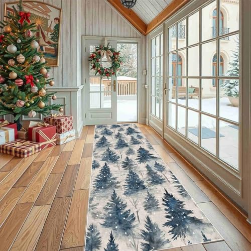 Dppyuxa Läufer Teppich Winter Wald Küche & Flur, Rutschfester und Waschbarer Küchenläufer Aquarell Tanne Dekoration Flurteppich Lang Natürlich Schnee Küchenteppich 60x240 cm von Dppyuxa