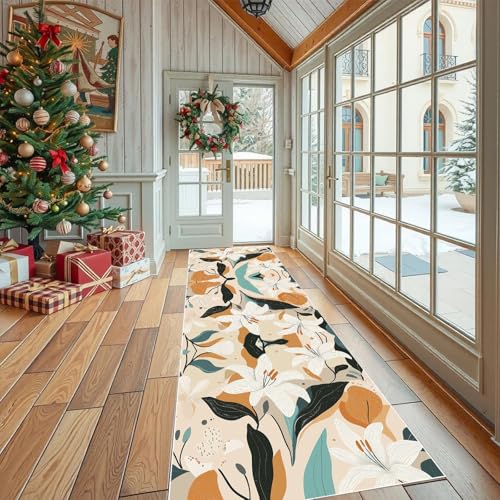 Dppyuxa Läufer für Flur und Küche Abstrakt Lilie Teppich rutschfest Waschbarer Modern Blatt Küchenteppich Geometrie Pflanze Langer Flurteppich Schmutzabweisend für Eingang Schlafzimmer 80x200 cm von Dppyuxa