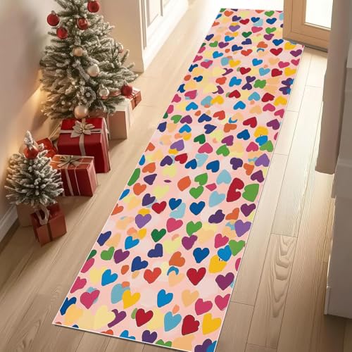 Dppyuxa Läufer für Flur und Küche Liebe Herzform Teppich rutschfest Waschbarer Süß Farbblock Küchenteppich Lustig Smiley Langer Flurteppich Schmutzabweisend für Eingang Schlafzimmer 80x200 cm von Dppyuxa