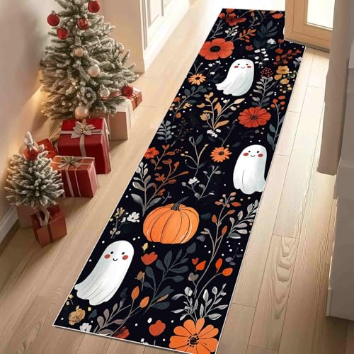 Dppyuxa Läufer für Küche Flur Halloween Gespenst Rutschfester Teppich Waschbar, Küchenläufer Cartoon Kürbis Maschinenwaschbar Flurteppich Lang Horror Blumen Küchenteppich 80x240 cm von Dppyuxa