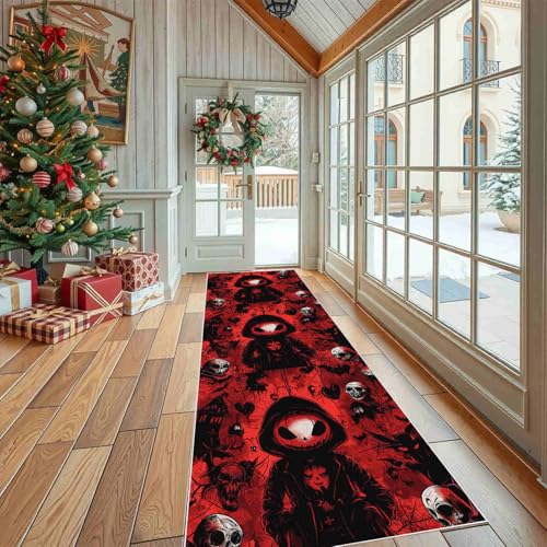 Dppyuxa Läufer für Küche Flur Horror Kürbis Rutschfester Teppich Waschbar, Küchenläufer Halloween Schädel Maschinenwaschbar Flurteppich Lang Gruselig Fledermaus Küchenteppich 80x240 cm von Dppyuxa