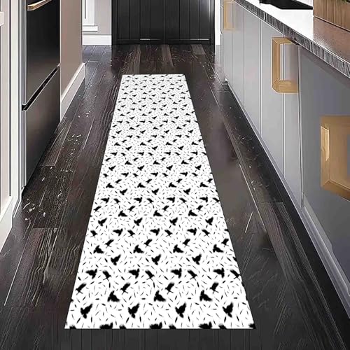 Dppyuxa Läufer für Küche Flur Silhouette Krähe Rutschfester Teppich Waschbar, Küchenläufer Minimalistisch Vogel Maschinenwaschbar Flurteppich Lang Schwarz und Weiß Tiere Küchenteppich 80x240 cm von Dppyuxa