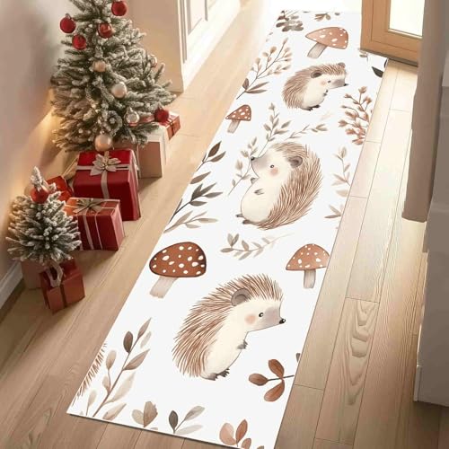 Dppyuxa Läufer für Küche Flur Süß Igel Rutschfester Teppich Waschbar, Küchenläufer Herbst Pilz Maschinenwaschbar Flurteppich Lang Bauernhaus Blatt Küchenteppich 80x240 cm von Dppyuxa