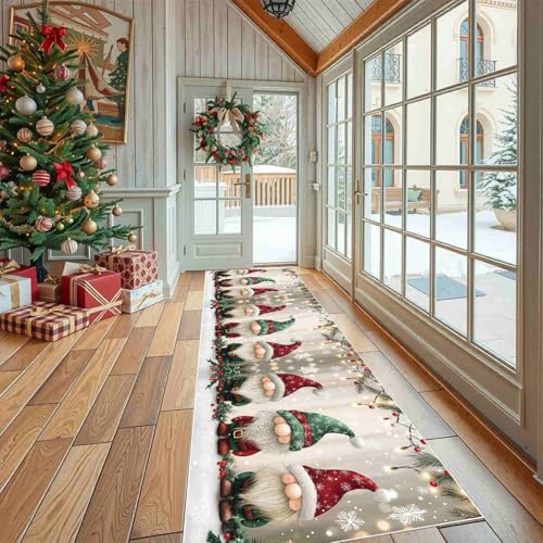 Dppyuxa Läufer für Küche Flur Weihnachten Wichtel Rutschfester Teppich Waschbar, Küchenläufer Feiertag Schneeflocke Maschinenwaschbar Flurteppich Lang Cartoon Weihnachtsmann Küchenteppich 80x240 cm von Dppyuxa