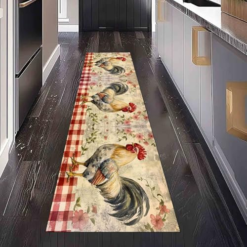 Dppyuxa Landhausstil Hahn Teppich Läufer Flur Bauernhaus Huhn Lang Waschbar und rutschfest Küchenläufer Karierte Blume Flurteppich für Küche & Eingangsbereich 60x150 cm von Dppyuxa