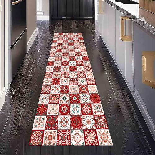 Dppyuxa Marokkanisch Mosaik Läufer für Küche Flur Traditionell Patchwork Rutschfester Teppich Waschbar, Küchenläufer Maschinenwaschbar Flurteppich Lang Porzellan Karierte Küchenteppich 80x240 cm von Dppyuxa