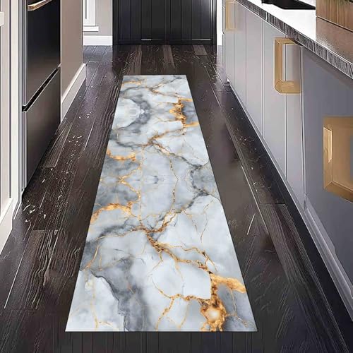 Dppyuxa Modern Marmor Waschbarer Küchenläufer Abstrakt Stein rutschfest Teppich für Küche und Flur Langer Flurteppich Luxuriöse Gold Küchenteppich Maschinenwaschbar 80x180 cm von Dppyuxa