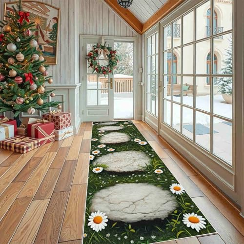 Dppyuxa Natur Landschaft Steinmauer Flurteppich Läufer Blumenpflanzen Wilde Blumen rutschfest und Waschbar, Teppich Lang für Flur und Küche Pastoral Gras Küchenteppich Teppich Maschinenwaschbar von Dppyuxa