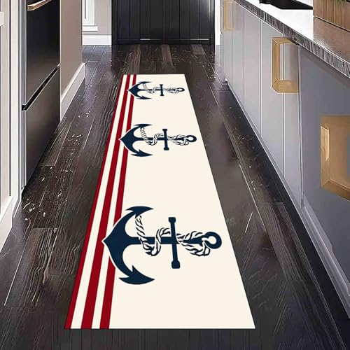 Dppyuxa Nautisch Anker Läufer Teppich Gestreift Streifenmuster Küche & Flur, Rutschfester und Waschbarer Küchenläufer Dekoration Flurteppich Lang Maritim Seil Küchenteppich 60x240 cm von Dppyuxa