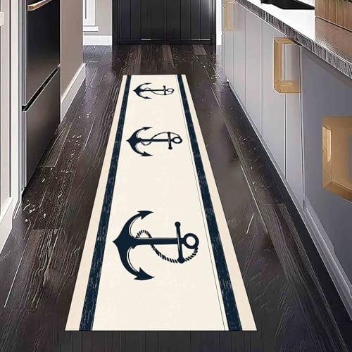 Dppyuxa Nautisches Anker Küchenteppich Maritim Seil Waschbar rutschfest, Läufer Teppich für Küche und Flur Langer Flurteppich Küsten Gestreift auch als Bettvorleger 60x210 cm von Dppyuxa