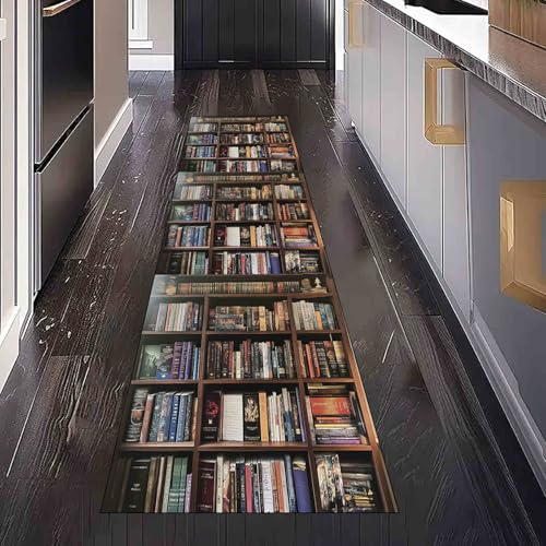 Dppyuxa Retro Bücherregal Teppich Läufer Flur Vintage Buch Lang Waschbar und rutschfest Küchenläufer D Stil Bibliothek Flurteppich für Küche & Eingangsbereich 60x150 cm von Dppyuxa