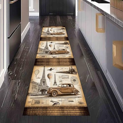Dppyuxa Retro Paris Küchenläufer Vintage Auto Waschbar und rutschfest Teppich Läufer für Küche und Flur Nostalgische Heißluftballon Küchenteppich Maschinenwaschbar Schmutzabweisend 80x300 cm von Dppyuxa