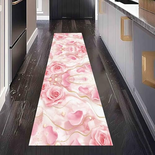 Dppyuxa Romantisch Rose Flurteppich Läufer Geblümt Blütenblatt rutschfest und Waschbar, Teppich Lang für Flur und Küche Küchenteppich Liebe Herzform Teppich Maschinenwaschbar 60x180 cm von Dppyuxa