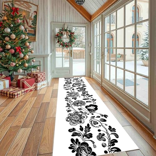 Dppyuxa Silhouette Blumenmuster Flurteppich Läufer Ranken Blumen rutschfest und Waschbar, Teppich Lang für Flur und Küche Schwarz Weiss Blume Küchenteppich Teppich Maschinenwaschbar von Dppyuxa