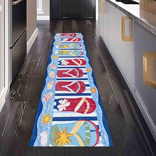 Dppyuxa Sommer Flip Flops Läufer Teppich Strand Seestern Küche & Flur, Rutschfester und Waschbarer Küchenläufer Dekoration Flurteppich Lang Tropisch Sonne Küchenteppich 60x240 cm von Dppyuxa