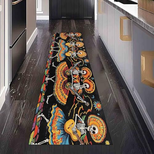 Dppyuxa Tag der Toten Skelett Flurteppich Läufer Horror Gitarre rutschfest und Waschbar, Teppich Lang für Flur und Küche Küchenteppich Halloween Musiker Teppich Maschinenwaschbar 60x180 cm von Dppyuxa