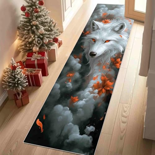 Dppyuxa Teppich Läufer Fantasie Wolf Waschbar & rutschfest, Küchenteppich für Küche, Flur Natur Landschaft Blatter Flurteppich Lang Surreal Rauch Küchenläufer Schmutzabweisend 80x200 cm von Dppyuxa