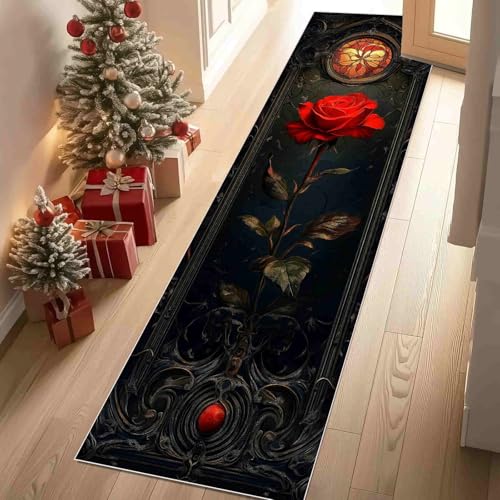 Dppyuxa Teppich Läufer Flur Barock Rose Lang Waschbar und rutschfest Mystischer Ornament Küchenläufer Gothic Dekor Flurteppich für Küche 60x150 cm von Dppyuxa
