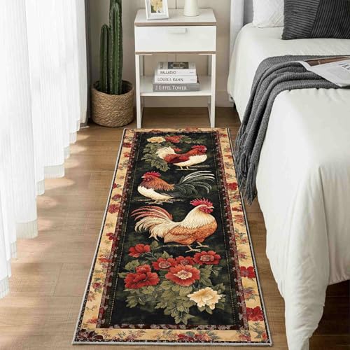 Dppyuxa Teppich Läufer Flur Bauernhaus Hahn Lang Waschbar und rutschfest Blumentopfpflanzen Lilie Küchenläufer Natur Blätter Flurteppich für Küche & Eingangsbereich 60x150 cm von Dppyuxa