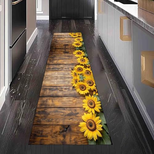 Dppyuxa Teppich Läufer Flur Bauernhaus Sonnenblume Lang Waschbar und rutschfest Rustikaler Planke Küchenläufer Botanisch Geblümt Flurteppich für Küche & Eingangsbereich 60x150 cm von Dppyuxa