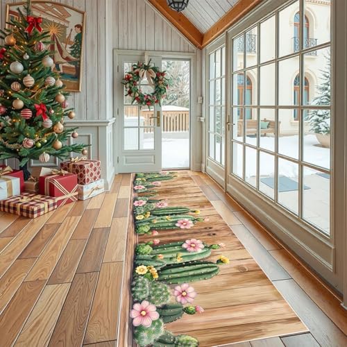 Dppyuxa Teppich Läufer Flur Botanisch Kaktus rutschfest und Waschbar Rustikaler Holz Küchenläufer lang für die Küche Blumen Blüte Flurteppich auch als Bettvorleger für Schlafzimmer 60x150 cm Dppyuxa Teppich Läufer Flur Botanisch Kaktus rutschfest und Waschbar Rustikaler Holz Küchenläufer lang für die Küche Blumen Blüte Flurteppich auch als Bettvorleger für Schlafzimmer 60x150 cm von Dppyuxa