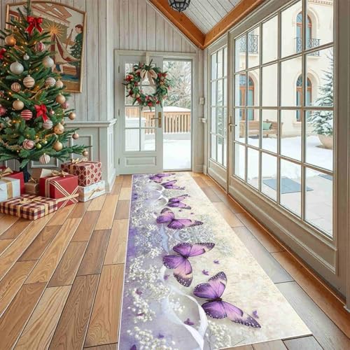 Dppyuxa Teppich Läufer Flur Fantasie Schmetterling Lang Waschbar und rutschfest Märchen Flügel Küchenläufer Frühling Schneeflocke Flurteppich für Küche & Eingangsbereich 60x150 cm von Dppyuxa