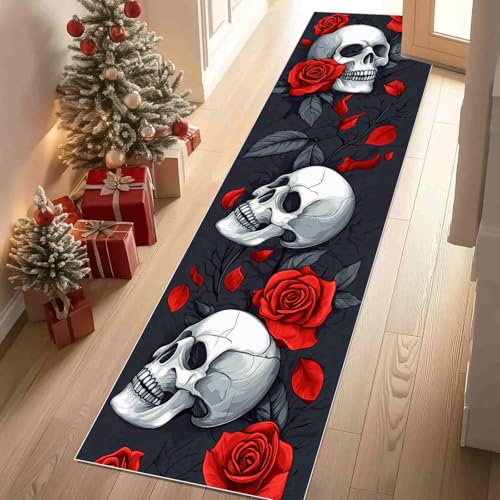 Dppyuxa Teppich Läufer Flur Gothic Schädel Lang Waschbar und rutschfest Horror Rose Küchenläufer Halloween Skelett Flurteppich für Küche & Eingangsbereich 60x150 cm von Dppyuxa