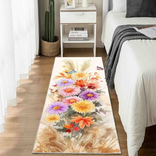 Dppyuxa Teppich Läufer Flur Herbst Blume Lang Waschbar und rutschfest Vintage Ahornblatt Küchenläufer Botanisch Schmetterling Flurteppich für Küche & Eingangsbereich 60x150 cm von Dppyuxa