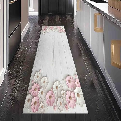 Dppyuxa Teppich Läufer Flur Landhaus Gerbera Lang Waschbar und rutschfest Frühling Blume Küchenläufer Shabby Chic Blüten Flurteppich für Küche & Eingangsbereich 60x150 cm von Dppyuxa