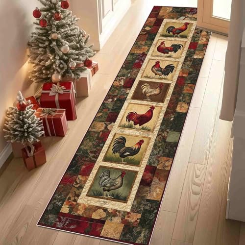 Dppyuxa Teppich Läufer Flur Landhausstil Hahn Lang Waschbar und rutschfest Bauernhaus Hühner Küchenläufer Patchwork Blumen Flurteppich für Küche & Eingangsbereich 60x150 cm von Dppyuxa
