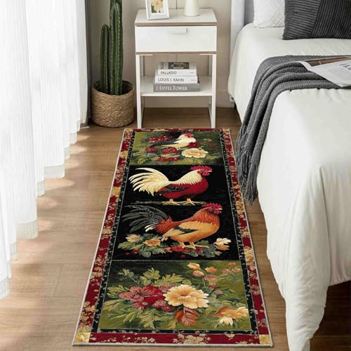 Dppyuxa Teppich Läufer Flur Landhausstil Hahn Lang Waschbar und rutschfest Blumenpflanzen Blumen Küchenläufer Rustikaler Blätter Flurteppich für Küche & Eingangsbereich 60x150 cm von Dppyuxa