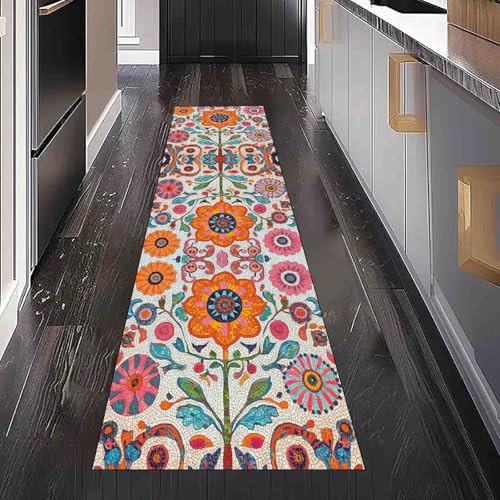Dppyuxa Teppich Läufer Flur Mosaik Blumen Lang Waschbar und rutschfest Boho Folkloristisch Küchenläufer Ethno Symmetrisch Flurteppich für Küche & Eingangsbereich 60x150 cm von Dppyuxa